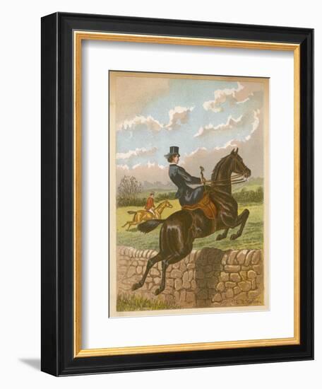 Lady Jumping a Wall Side Saddle on a Brown Horse-C.b. Herberte-Framed Photographic Print