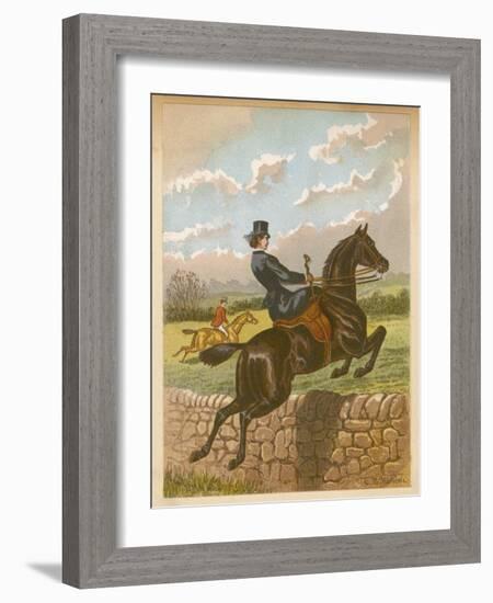 Lady Jumping a Wall Side Saddle on a Brown Horse-C.b. Herberte-Framed Photographic Print