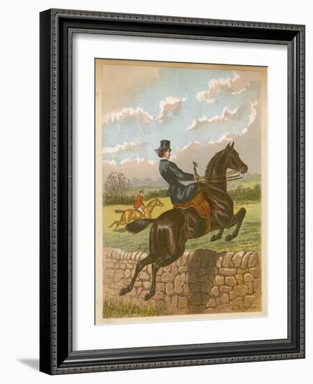 Lady Jumping a Wall Side Saddle on a Brown Horse-C.b. Herberte-Framed Photographic Print