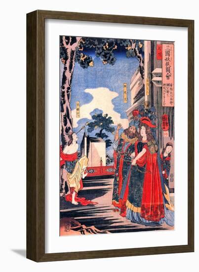 Lady Kayo Shoots an Arrow into the Eye of Princess Sai-Kuniyoshi Utagawa-Framed Giclee Print