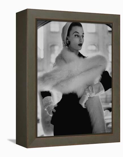 Lady Modeling a Boa Made Out of Six Rounded Skins of Natural White Fox, Selling For $350-Gordon Parks-Framed Premier Image Canvas