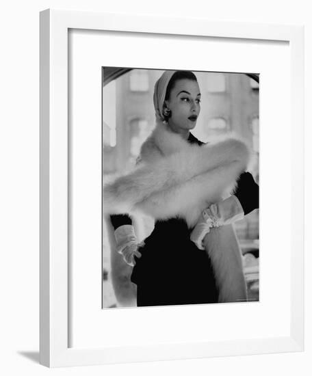 Lady Modeling a Boa Made Out of Six Rounded Skins of Natural White Fox, Selling For $350-Gordon Parks-Framed Photographic Print