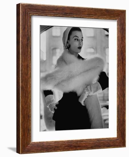 Lady Modeling a Boa Made Out of Six Rounded Skins of Natural White Fox, Selling For $350-Gordon Parks-Framed Photographic Print