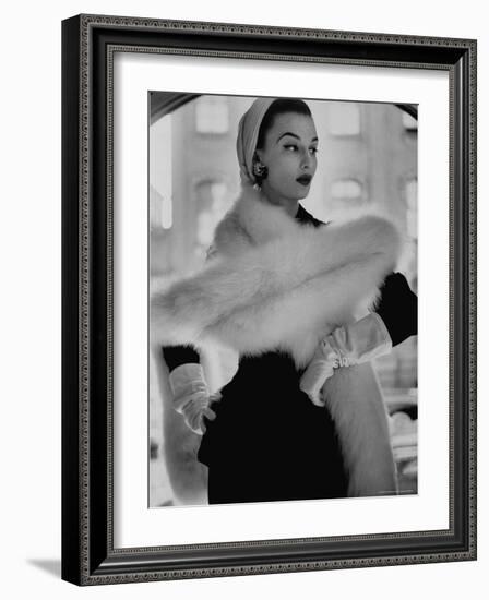 Lady Modeling a Boa Made Out of Six Rounded Skins of Natural White Fox, Selling For $350-Gordon Parks-Framed Photographic Print