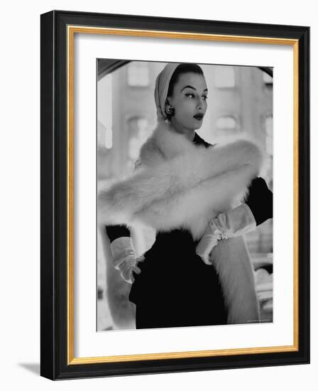 Lady Modeling a Boa Made Out of Six Rounded Skins of Natural White Fox, Selling For $350-Gordon Parks-Framed Photographic Print