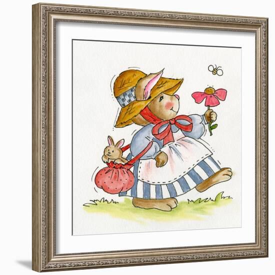 Lady Rabbit Holding a Flower Baby Bunny in Her Bag-Beverly Johnston-Framed Giclee Print