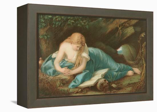 Lady Reading Book Resting on Skull-null-Framed Stretched Canvas