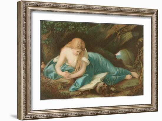 Lady Reading Book Resting on Skull-null-Framed Art Print