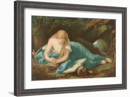 Lady Reading Book Resting on Skull-null-Framed Art Print