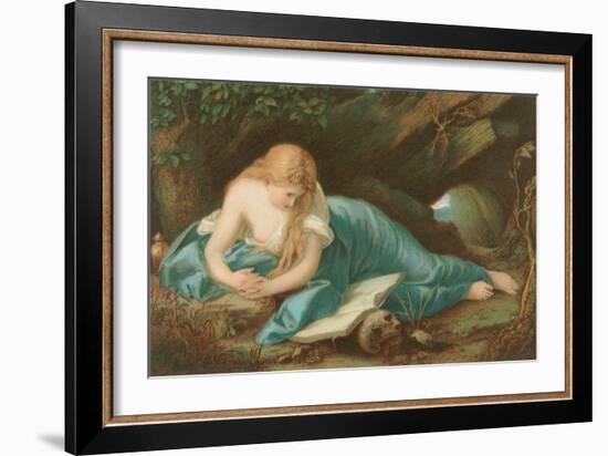 Lady Reading Book Resting on Skull-null-Framed Art Print