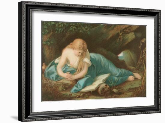 Lady Reading Book Resting on Skull-null-Framed Art Print