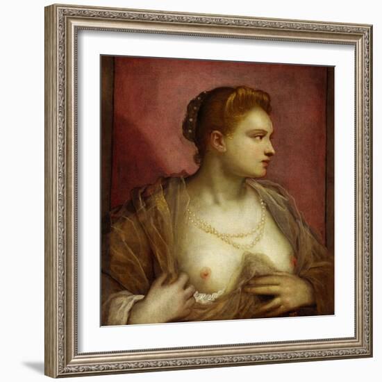 Lady Revealing Her Bosom, Perhaps the Famous Venetian Courtesan Veronica Franco-Jacopo Robusti Tintoretto-Framed Giclee Print