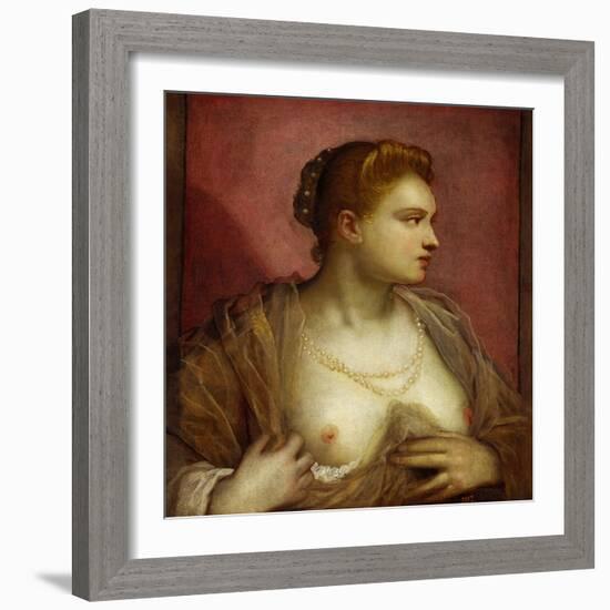 Lady Revealing Her Bosom, Perhaps the Famous Venetian Courtesan Veronica Franco-Jacopo Robusti Tintoretto-Framed Giclee Print