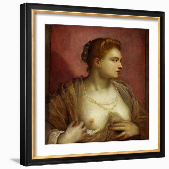 Lady Revealing Her Bosom, Perhaps the Famous Venetian Courtesan Veronica Franco-Jacopo Robusti Tintoretto-Framed Giclee Print