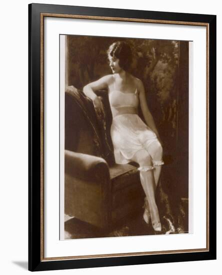 Lady Sits Negligently in Her Undies, Bra French Drawers or Knickers and Stockings-null-Framed Photographic Print