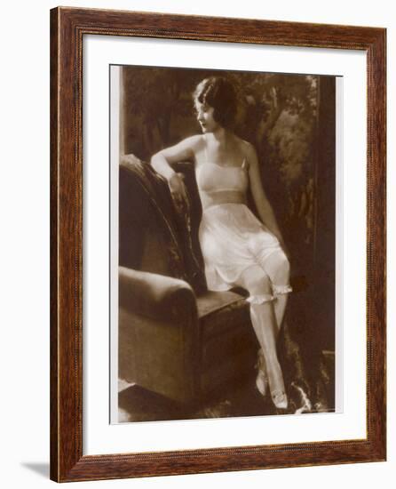 Lady Sits Negligently in Her Undies, Bra French Drawers or Knickers and Stockings-null-Framed Photographic Print