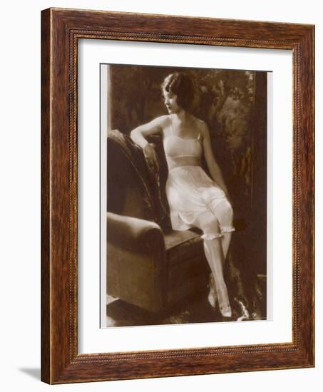 Lady Sits Negligently in Her Undies, Bra French Drawers or Knickers and Stockings-null-Framed Photographic Print