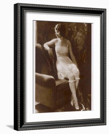 Lady Sits Negligently in Her Undies, Bra French Drawers or Knickers and Stockings-null-Framed Photographic Print