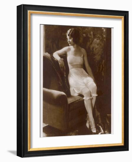 Lady Sits Negligently in Her Undies, Bra French Drawers or Knickers and Stockings-null-Framed Photographic Print