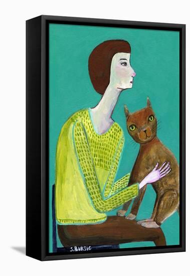 Lady Sitting with Brown Cat Cat Lover-Sharyn Bursic-Framed Premier Image Canvas