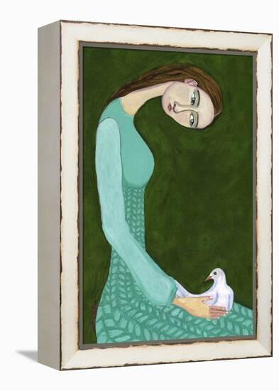 Lady Sitting with White Dove Bird Woman-Sharyn Bursic-Framed Premier Image Canvas