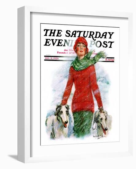 "Lady Walking Dogs in Snow," Saturday Evening Post Cover, December 11, 1926-William Haskell Coffin-Framed Giclee Print