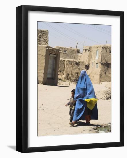 Lady Wearing Burqa Walks Past Houses Within the Ancient Walls of the Citadel, Ghazni, Afghanistan-Jane Sweeney-Framed Photographic Print