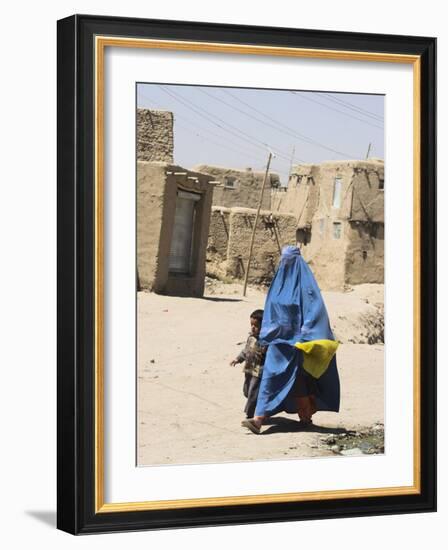 Lady Wearing Burqa Walks Past Houses Within the Ancient Walls of the Citadel, Ghazni, Afghanistan-Jane Sweeney-Framed Photographic Print