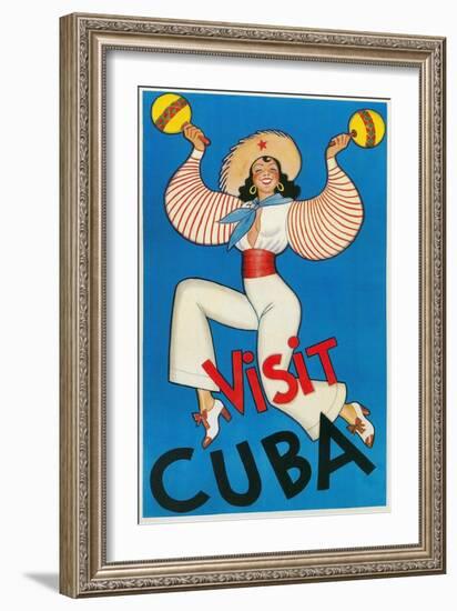 Lady with Maracas, Visit Cuba-null-Framed Premium Giclee Print