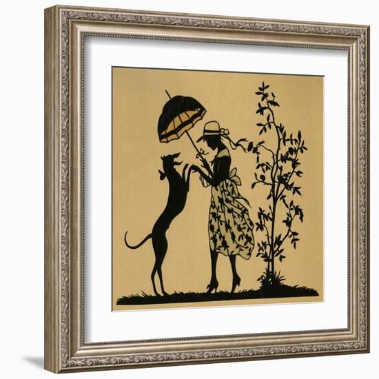 Lady with Parasol and Dog in a Garden-null-Framed Art Print