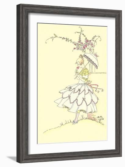 Lady with Parasol Smelling Flower-null-Framed Art Print