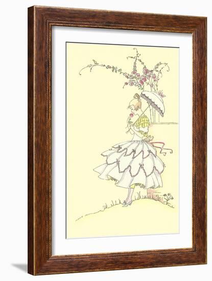 Lady with Parasol Smelling Flower-null-Framed Art Print