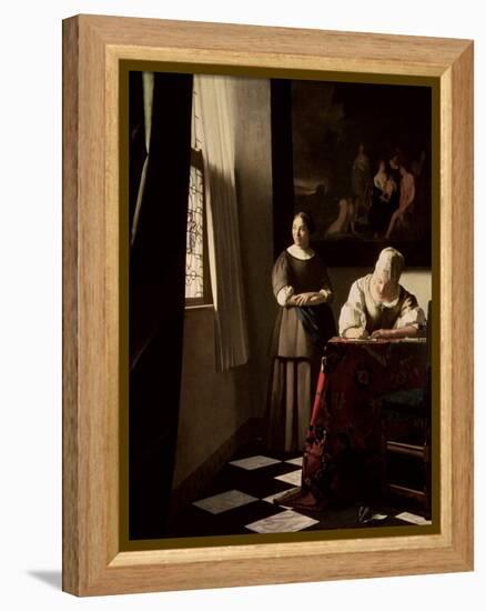 Lady Writing a Letter with Her Maid, circa 1670-Johannes Vermeer-Framed Premier Image Canvas