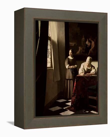 Lady Writing a Letter with Her Maid, circa 1670-Johannes Vermeer-Framed Premier Image Canvas