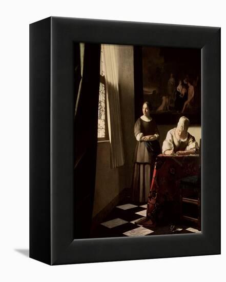 Lady Writing a Letter with Her Maid, circa 1670-Johannes Vermeer-Framed Premier Image Canvas