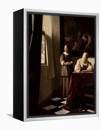 Lady Writing a Letter with Her Maid, circa 1670-Johannes Vermeer-Framed Premier Image Canvas