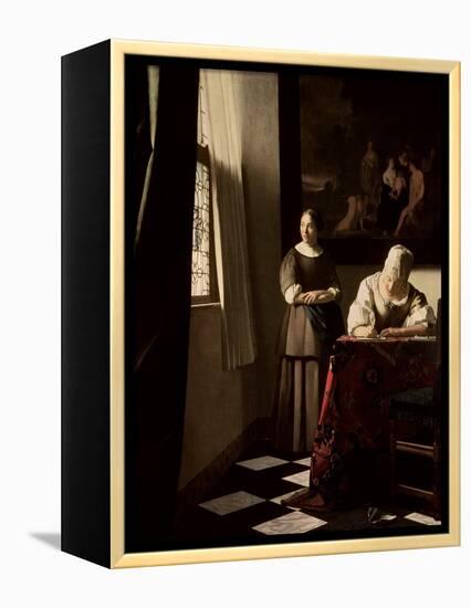 Lady Writing a Letter with Her Maid, circa 1670-Johannes Vermeer-Framed Premier Image Canvas