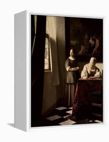 Lady Writing a Letter with Her Maid, circa 1670-Johannes Vermeer-Framed Premier Image Canvas