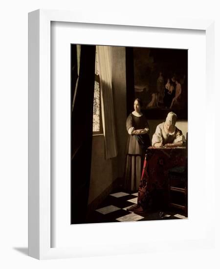 Lady Writing a Letter with Her Maid, circa 1670-Johannes Vermeer-Framed Premium Giclee Print