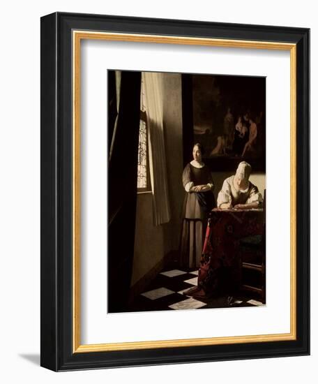 Lady Writing a Letter with Her Maid, circa 1670-Johannes Vermeer-Framed Premium Giclee Print