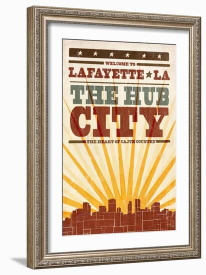 Lafayette, Louisiana - Skyline and Sunburst Screenprint Style-Lantern Press-Framed Art Print