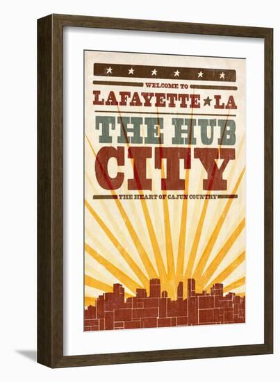 Lafayette, Louisiana - Skyline and Sunburst Screenprint Style-Lantern Press-Framed Art Print