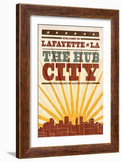 Lafayette, Louisiana - Skyline and Sunburst Screenprint Style-Lantern Press-Framed Art Print