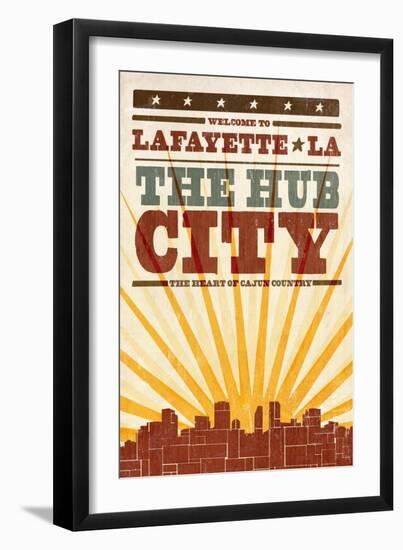 Lafayette, Louisiana - Skyline and Sunburst Screenprint Style-Lantern Press-Framed Art Print