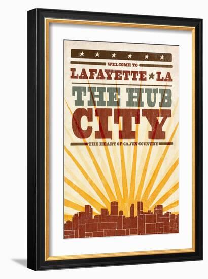 Lafayette, Louisiana - Skyline and Sunburst Screenprint Style-Lantern Press-Framed Art Print