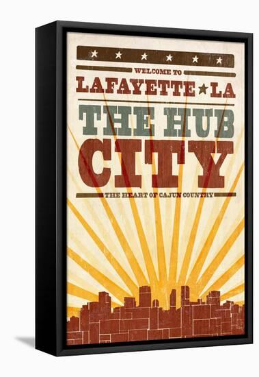 Lafayette, Louisiana - Skyline and Sunburst Screenprint Style-Lantern Press-Framed Stretched Canvas