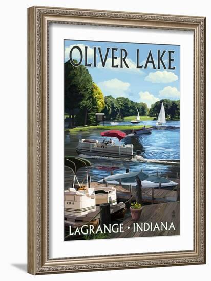 LaGrange, Indiana - Oliver Lake - Pontoon Boats-Lantern Press-Framed Art Print