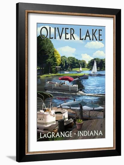 LaGrange, Indiana - Oliver Lake - Pontoon Boats-Lantern Press-Framed Art Print