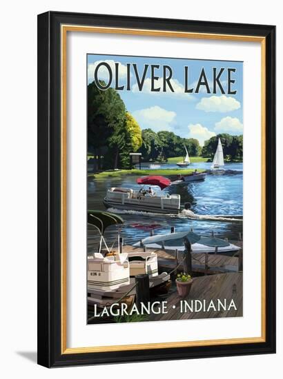 LaGrange, Indiana - Oliver Lake - Pontoon Boats-Lantern Press-Framed Art Print