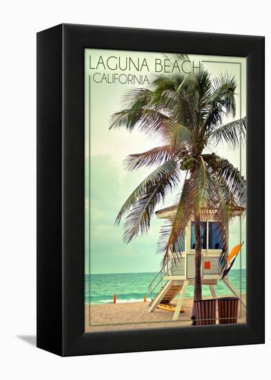 Laguna Beach, California - Lifeguard Shack and Palm-Lantern Press-Framed Stretched Canvas